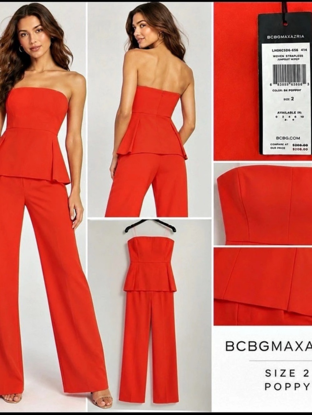BCBGMAXAZRIA Poppy Strapless Wide-Leg Jumpsuit Red Size 2 NWT